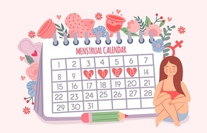 Woman and period calendar. Female check dates of menstruation cycle. Calendar schedule for critical days and hygiene products vector concept. Female calendar menstruation illustration