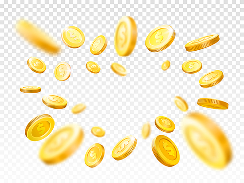 Shiny realistic gold coins explosion. Casino golden coin, shiny falling money jackpot or finance savings 3d cash vector illustration realistic concept isolated on white checkered 