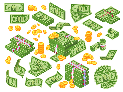 Cartoon money. Dollar bills banknotes stack, pile of dollars and banknote heap abundance bundle. Cash bill green investment moneys piles for commercial banking vector illustration isolated icon set
