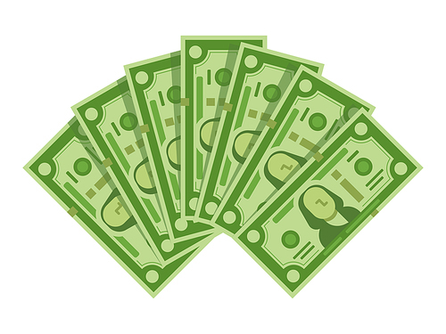 Money banknotes fan. Pile of dollars cash, green dollar bills heap capital, geld or paper monetary currency wage, bill banknote piles for investment or payment isolated vector illustration