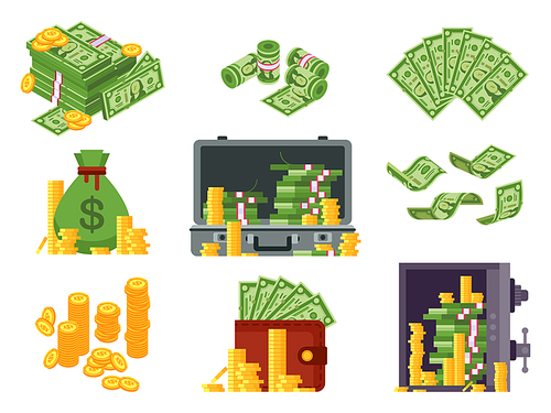Money banknote. Cash bag, banknotes wallet and dollars heap in safe. Lots dollar piles and gold coins, finance banking bill currency. Isometric vector isolated icons illustration set