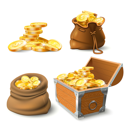 Golden coins stacks. Coin in old sack, large gold pile and chest full of gold treasure or stacked money. Cash shiny dollar coins savings. Wealth investment realistic vector isolated icons set