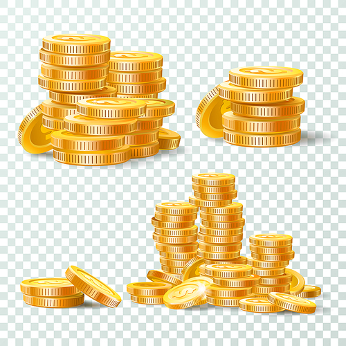Stack of gold coins. Golden coin pile, money stacks and golds piles. Casino jackpot cash, gold currency or money earning. Business isolated vector icons set