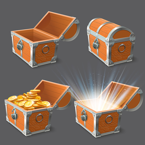Wooden chest. Treasure coffer, old shiny gold case and lock closed or open empty chests. Pirates treasure or golden coins in ancient chest. 3d realistic vector illustration isolated icons set
