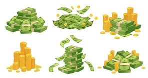Cartoon money and coins. Green dollar banknotes pile, golden coin and rich. Bank debt bill investment, earnings treasure or jackpot money capital. Isolated vector illustration icons set