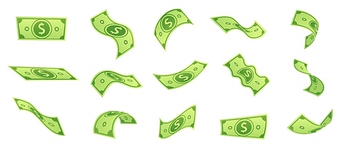 Cartoon falling money bills. Flying green dollar bill, 3d cash and usd currency. American money float banknotes, banking finance investment or jackpot win. Isolated vector symbols set