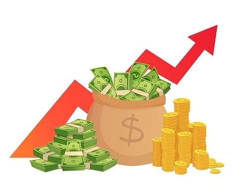 Cartoon savings value growth. Money profit increase, profitable investments chart with red graph arrow and cash pile. Banking profit stack, financial earning wealth vector illustration