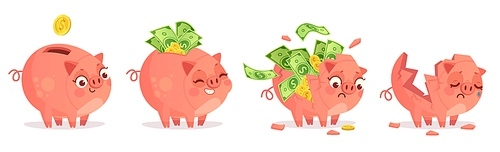Cartoon piggy bank. Savings, bank deposit and save money investments. Empty and full of cash and golden coins pig bank. Budget saving, currency finance box isolated vector illustration