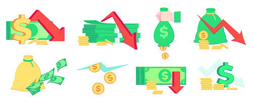 Finance crisis, money loss. Recession, bankrupt and market failure. Bad income, bankruptcy and inflation business vector illustration set. Business finance loss, crisis money and bankruptcy