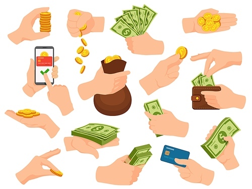 Hands hold cash. Human arm give money and pay in dollar bill banknotes, coin piles, card and phone app. Hand with wallet and bag vector set. Illustration of hand with cash, money banking card