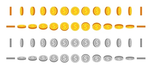 Cartoon coin animation sprites. Gold and silver coins flip and rotate. Round dollar for animated game. Money icon in angle view vector set. Illustration silver and gold coin, flip and rotate