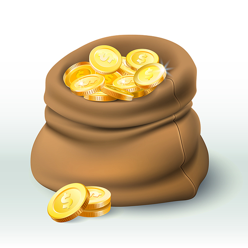 Gold coins bag. Golden coin wealth, big cash sack and money bonus. Treasure chest, gold currency coins game element. 3D realistic vector illustration