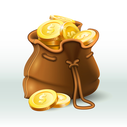 Golden coins bag. Gold coin in old antique sack, saving money purse and gold wealth. Treasure bag, bonus game element coins or currency wealth. 3D realistic vector illustration