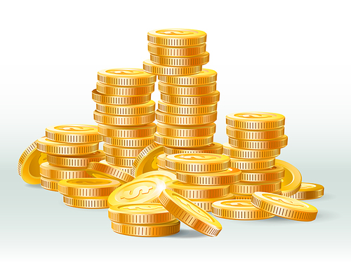 Golden coins pile. Gold coin dollar, money stack and gold cash heap. Jackpot coins, antique treasure or banking deposit. Money earnings 3D realistic vector illustration
