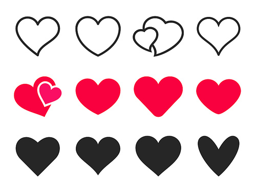 Love heart icon. Loving hearts, red like and lovely romance outline symbols. Valentine lovely passion hearted emotional drawn or valentines day loving postcards vector isolated icons set