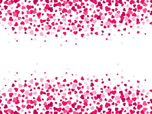 Valentines hearts confetti. Heart splash, valentine day frame border and love card. Glamour wedding fall confetti heart decorating or pink romantic february 14 card vector background