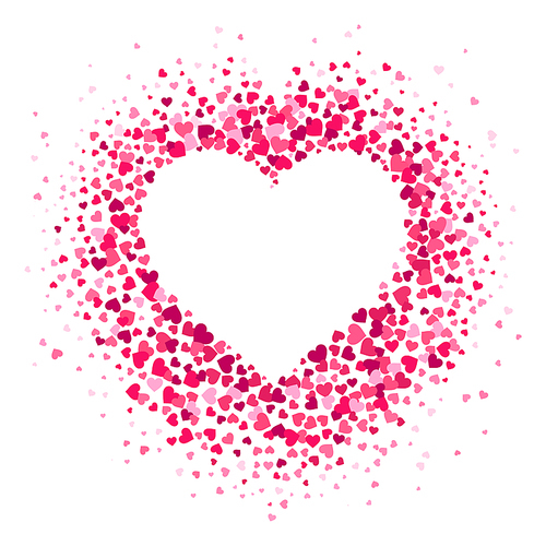 Love heart frame. Scattered hearts confetti in heart shape, valentines card and romance shapes scatter. Decorative hearted shaped invitation or greeting vector illustration background