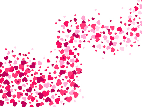 Hearts confetti wave. Love stream, scattering confetti splash flow and glamour romantic heart valentines february 14 celebration couple swirl heart banner vector background