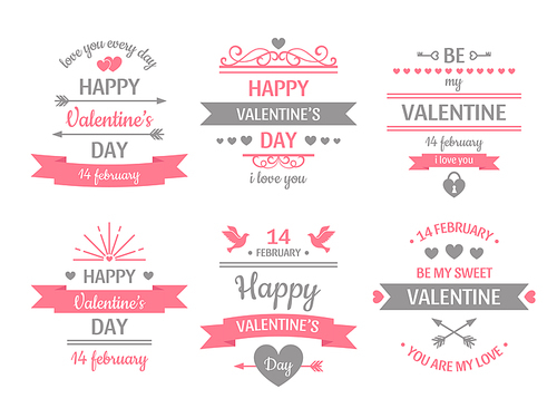 Valentines day label. Vintage valentine card banner, love frame and retro love wishes greeting cards. Romantic celebration special gift heart vector illustration isolated icons set