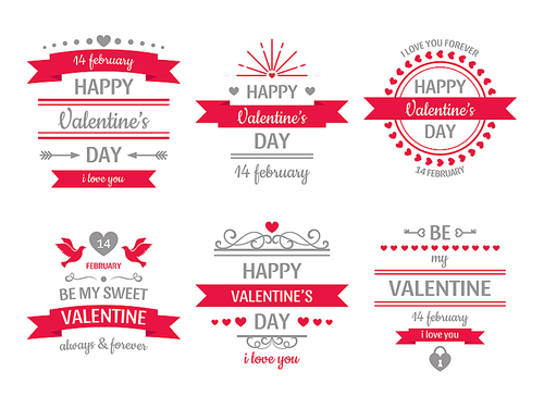 Valentines day sign. Vintage valentine card, retro love couple hearts labels and love wishes heart frame. Saint valentine february 14 couple cards vector isolated icons illustration set