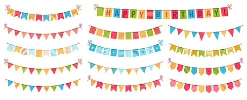 Party bunting. Color paper triangular flags collected and draped in garlands, happy birthday buntings. Party celebration bunting, fabric festive flag. Cartoon isolated vector icons set