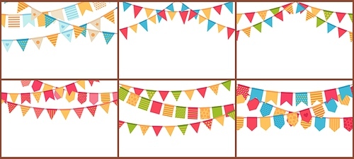 Party bunting. Birthday flags banner, color triangle flag buntings and festival paper garland vector set. Special occasion, holiday event celebration accessories illustrations with text space