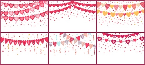 Bunting love hearts. Love garland, valentine party decoration heart flags with color confetti. Wedding celebration bunting, hearts flag banner. Cartoon isolated vector set