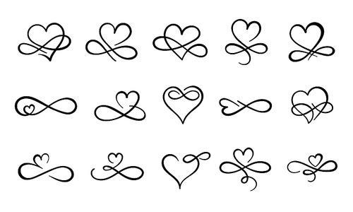 infinity love flourish. hand drawn heart decorative flourishes, love ornate  design and infinity hearts. endless love logo, wedding card heart . isolated vector symbols set