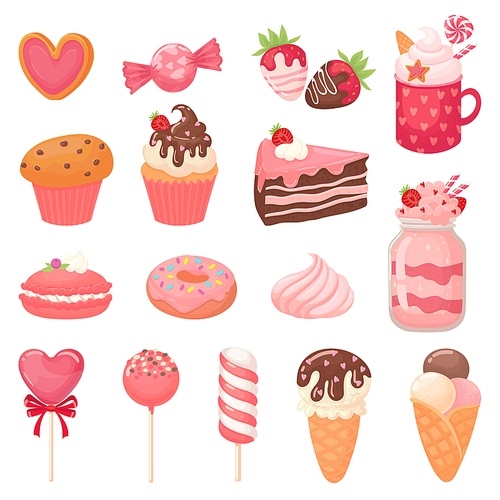 Cute Valentines sweets. Heart lollipop, sweet ice cream and strawberry cake. Candy cartoon vector illustration set. Collection of pink romantic desserts and confections - cupcakes, macarons, candies.