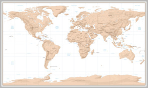 Vintage world map. Retro countries boundaries on topographic or marine map. Old navigation physical map with continents and oceans vector illustration