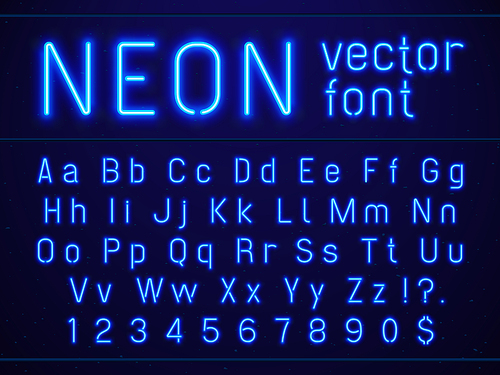 Bright glowing blue neon alphabet letters and numbers font. Nightlife entertainments city light, modern bars, casino illuminated sans serif lettering numbers included vector signs on dark background