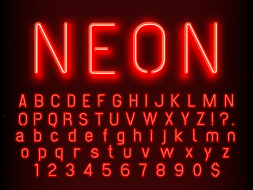 Bar or Casino glowing sign elements. Red neon font letters glow alphabet and numbers with nightlife fluorescent light realistic electric abc text symbols on dark background vector illustration