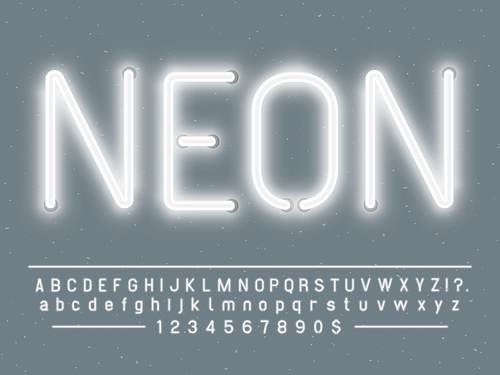 Bright glowing white neon sign characters. Vector font with simple glow realistic light effects alphabet text letters and numbers lamps template on gray background