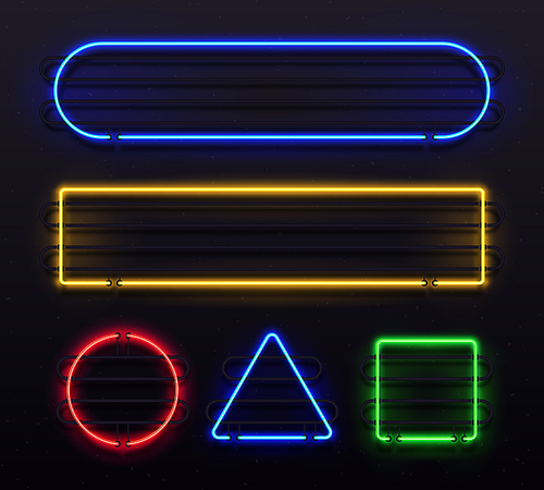 Realistic neon frame. Shiny banner with electric border glow, abstract light vintage disco bar illuminated frames futuristic banners icon. Retro glowing borders colorful vector isolated neon sign set