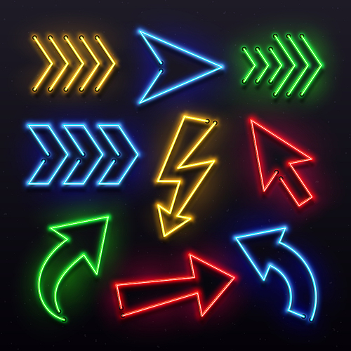 Realistic neon arrows. Night arrow sign lamp lights. Shining arrowhead transparent party theatre elements bar entertainment casino signs and glowing motel directional light pointers vector icon set