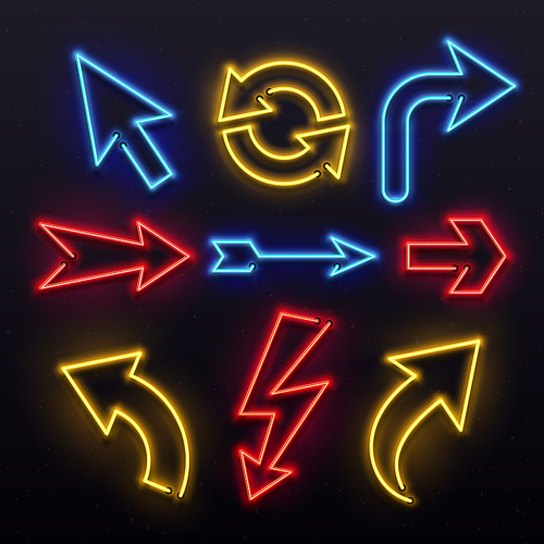 Neon light arrows. Colorful bulb lines arrow. Nightlife tube lights nightlife bar entertainment arrowhead pointers sign holder vintage party. Red blue tube lamps vivid vector isolated icon set