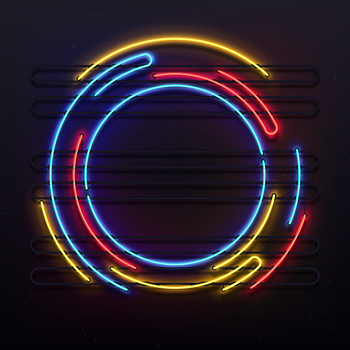 circle neon lights . colorful round tube lamp light modern on frame for pub night club disco party illuminated decoration. electric border glowing laser disk vector background illustration