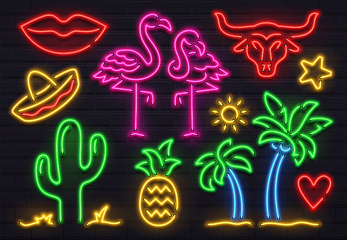 Retro fashion neon sign. Glowing fluorescent cactus, pink flamingo and bull signs lighting design. Bright palm lights, sombrero woman lips and pineapple for bar decoration vector isolated icon set