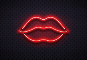 Retro neon lips sign. Romantic kiss, kissing couple lip bar. Fluorescent red neons lamps woman lips and valentine romance nightlife club incandescent sexy icon vector illustration