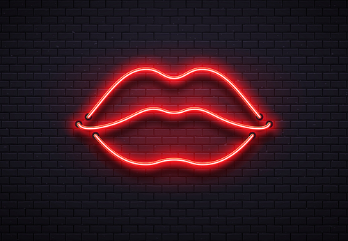 Retro neon lips sign. Romantic kiss, kissing couple lip bar. Fluorescent red neons lamps woman lips and valentine romance nightlife club incandescent sexy icon vector illustration