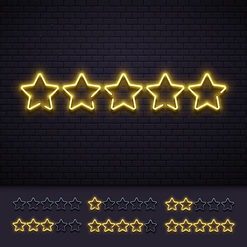 Neon five stars. Golden illuminated star neons lamps on brick wall. Gold light luxury rating party stars led light sign for music club show or glow neon casino billboard vector illustration
