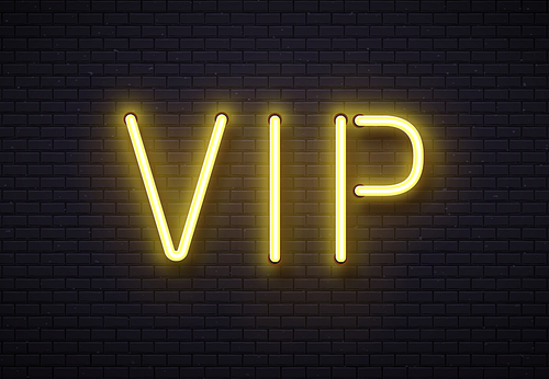 Vip neon sign. Elegant premium members club, luxury banner with golden fluorescent neons tube lamps on brick wall. Illuminated private royal casino room vip symbol vintage vector illustration