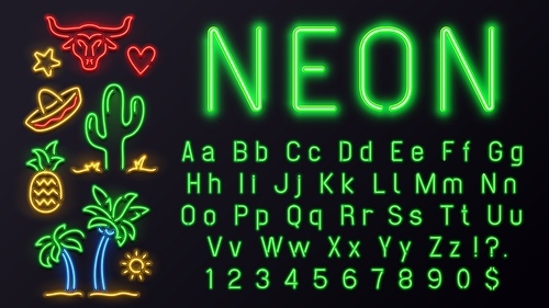 Neon font with signs. Vector alphabet for night, letter lamp electric, illuminated abc for nightlife glowing illustration