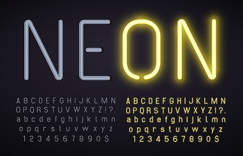 Neon font with light on and off. Glowing alphabet, numbers and punctuation marks with luminous effect. Yellow on and off lamps. Latin letters isolated on black background vector illustration