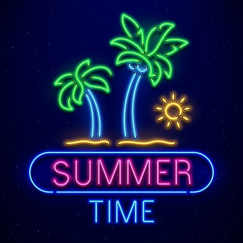 Summer time neon sign. Palm trees on sand beach, sun isolated on dark blue background. Summer logo, light banner. Bright colorful signboard for club, bar or cafe advertisement, travel concept