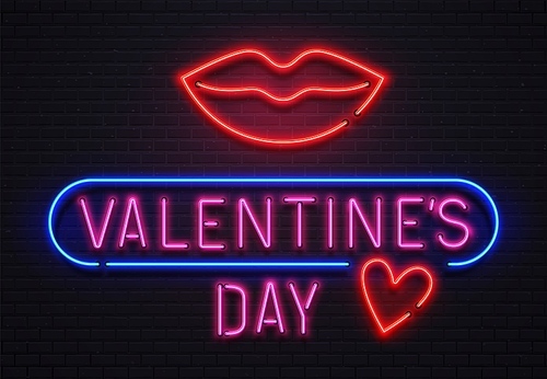 Glowing neon sign valentines day lettering with red big lips and heart for holiday. Romantic shining signboard for nightclub. Pink text with blue border on brick wall vector illustration