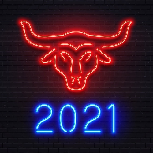 Neon red ox for 2021 New Year greeting card. Bright blue letters 2021 sign, bar or cafe signboard, light banner. Logo bull for holiday celebration. Cow symbol on brick wall vector illustration