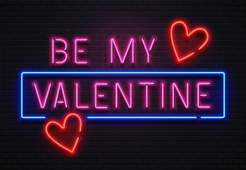 Glowing neon sign be my valentine lettering for celebration. Romantic led illuminated signboard for cafe or nightclub background with hearts. Shining text on brick wall vector illustration