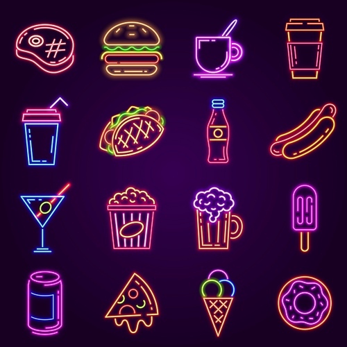 Neon fast food. Glowing icon for cafe and bar street sign with burger, popcorn, hot dog, coffee and pizza. Cocktail and beer club vector set. Menu for street dishes, glowing advertisement