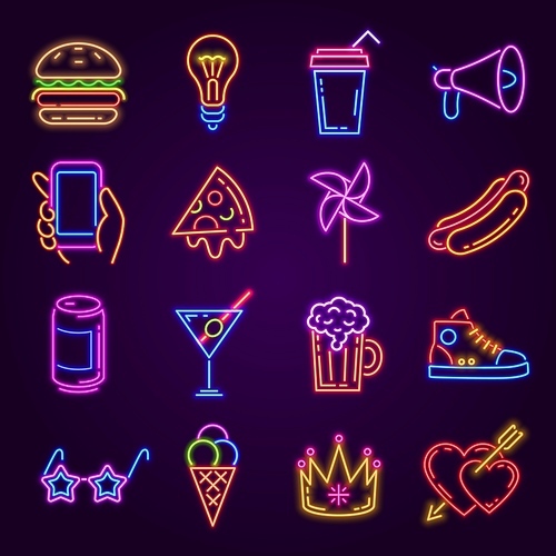 Neon icons. Glowing light for disco party. Night club or bar signs. Burger, pizza, cocktail, hand with phone and fashion glasses vector set. Shining accessories as light bulb, sneaker, megaphone